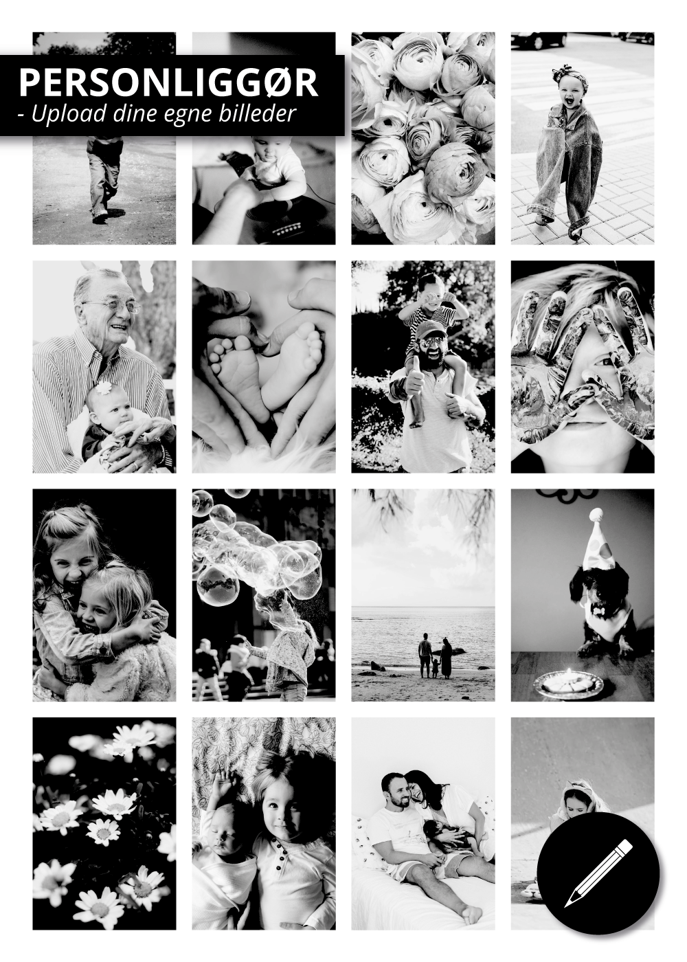 Fotoplakat - Fotocollage - 16 billeder (sort/hvid) - Personliggør