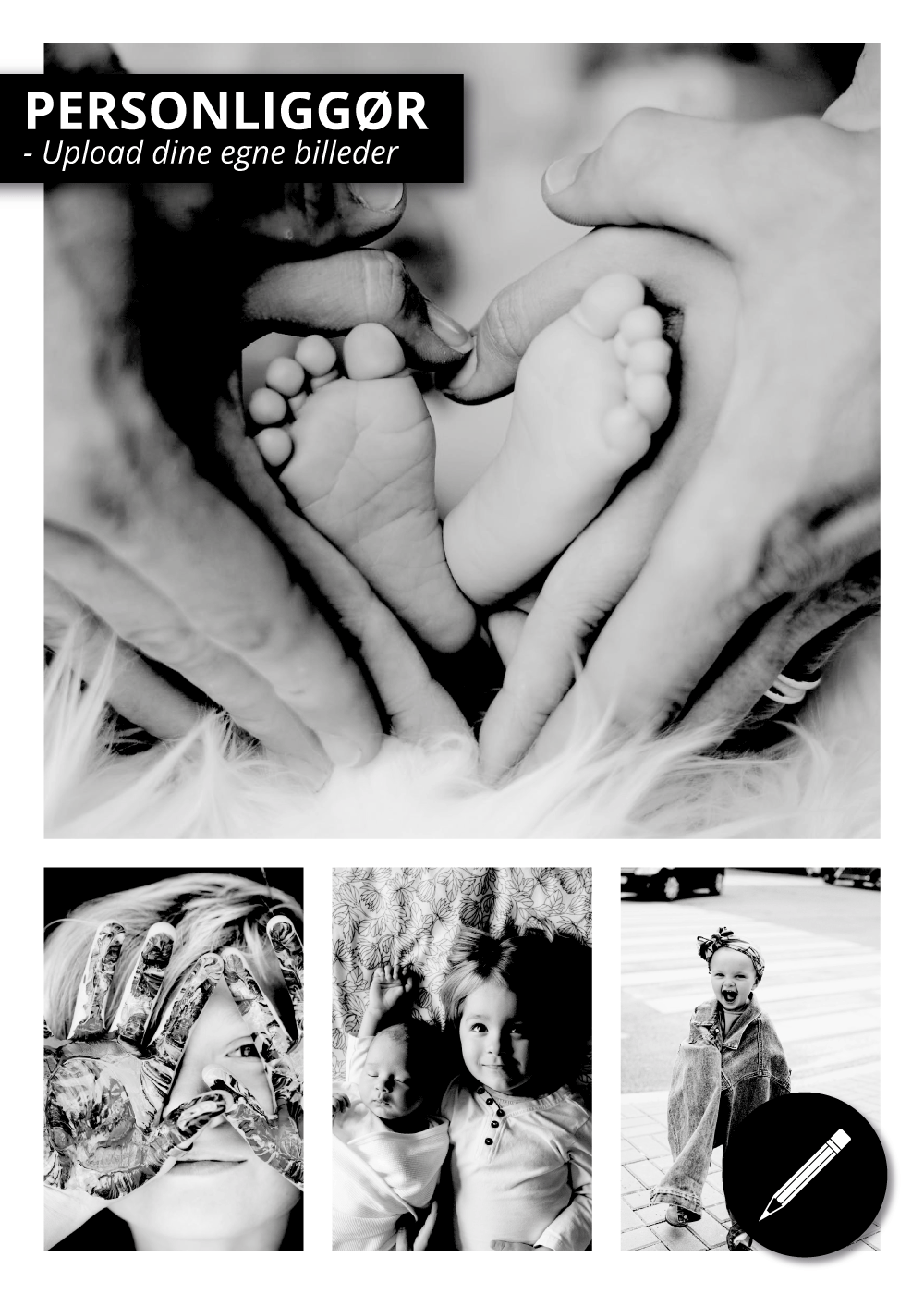 Fotoplakat - Fotocollage - 4 billeder med fokusbillede (sort/hvid) - Personliggør