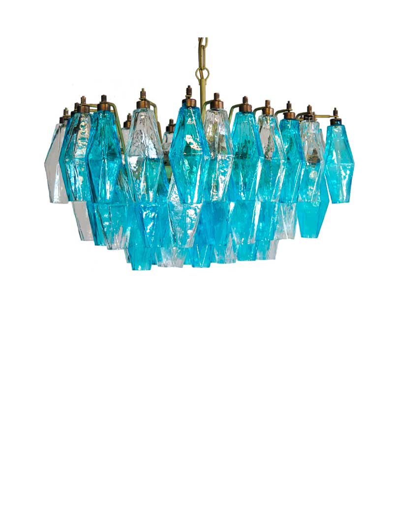 Murano Lysekrone - Poliedri - 56 glas - Klar/Blå Mat guld uden patinering
