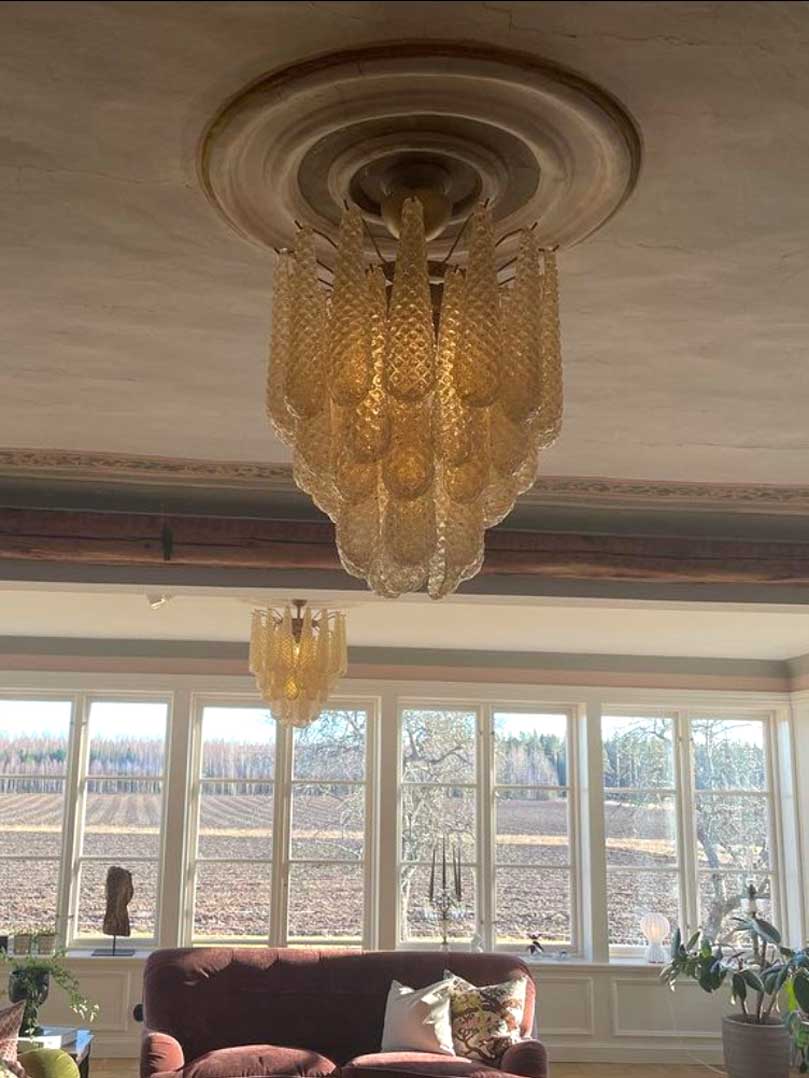 Murano Lysekrone - Dråbe - Rav - 41 glasblade Krom patineret