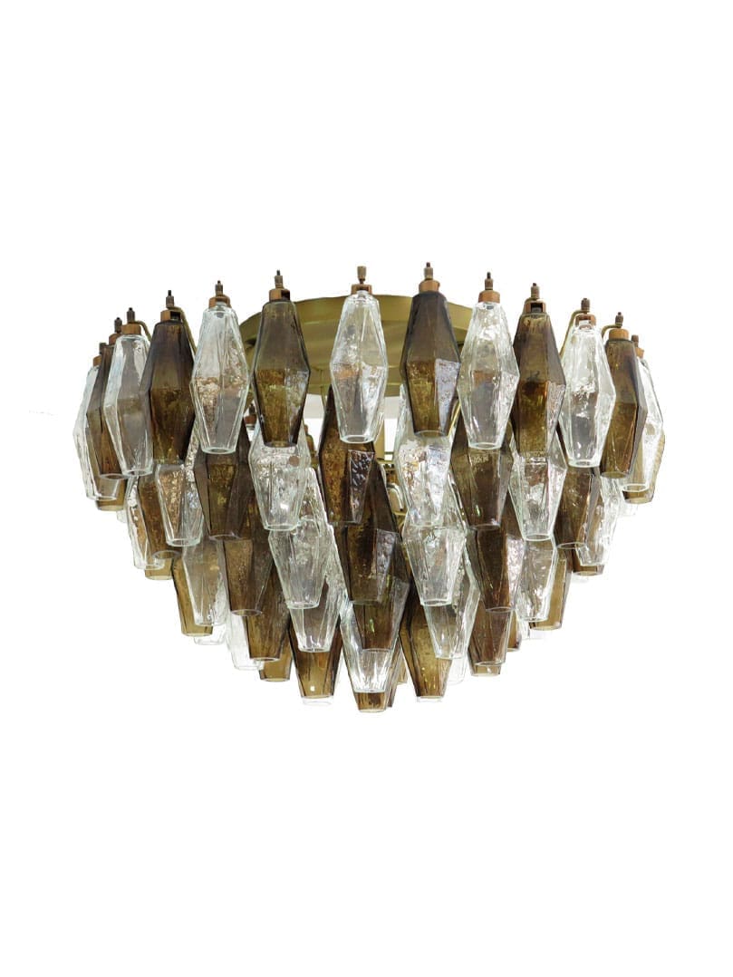 Murano ljuskrona - Poliedri - 84 glas - Rökig/Klar Matt guld med patina